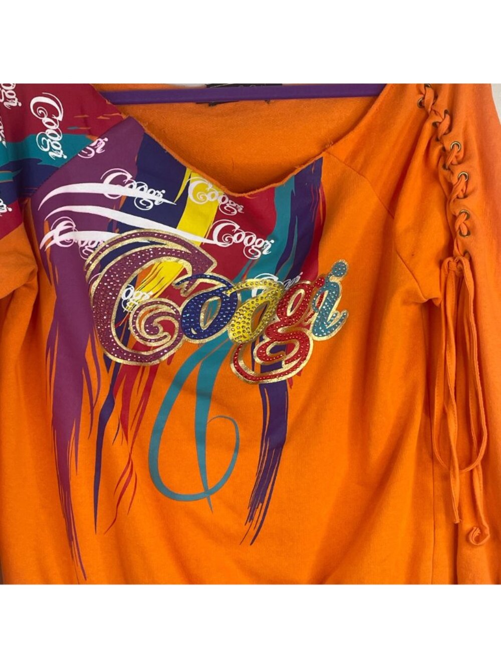 Coogi Knit Top Womens XLarge Urban Hip Hop Raw Edge Neck Tie Detail Big Logo - Picture 7 of 16